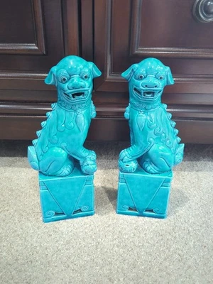 DE COLECCIÓN PAR DE PERROS GUARDIANES CHINOS ESMALTE TURQUESA AZUL PORCELANA FU NUMERADOS  Foto 1 de 4