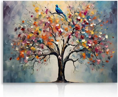 Colourful Tree of Life Wall Art Print, Vintage Flower Tree Painting Picture for