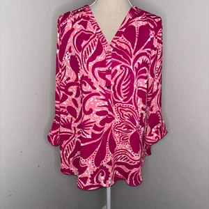 JM Collection NEU Hot Pink Floral Loose Fit Bluse 3/4 Ärmel Krempelriegel Gr. Large - Bild 1 von 10