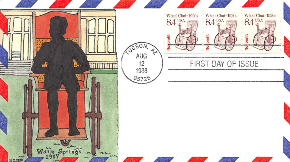 2256 8.4c Wheel Chair Kribbs hand painted cachet, strip of 3, PNC #1 [65164] - Image 1 of 1