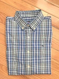 NWT Vineyard Vines Boys' L/S Whale Shirt Trumpetfish Plaid Marine $45 - Picture 1 of 2