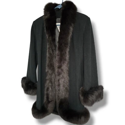 Abrigo de lana negro de longitud media para mujer J. Percy Marvin Richards con ribete de zorro talla 4 Foto 1 de 4