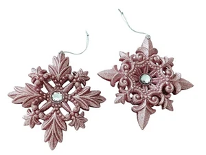 2 Pink Glitter Christmas Snowflake Ornaments 5" Plastic Rhinestones 3D NEW - Imagen 1 de 1