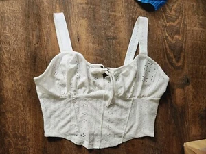 Womens M/L White Eyelet Crop Shirt - Picture 1 of 4