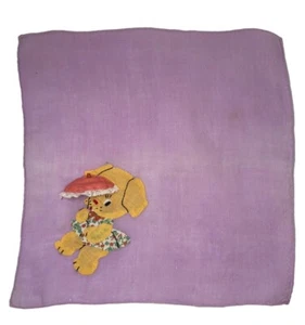 Vintage Child's Handkerchief 9” Hanky Appliquéd Anthropomorphic Dog w/Parasol - Picture 1 of 5