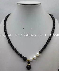 6 mm Schwarz Achat Runde Perlen & 7-8 mm Weiße Zuchtperlen Anhänger Halskette 20 Zoll - Bild 1 von 1