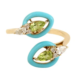Diamante Peridoto Antico Smalto Handmade Anello IN 14k Solido Oro Giallo Misura- - Foto 1 di 6