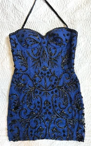 Vintage lata 90-te Niteline Della Roufogali rozmiar 6 Formalna sukienka na studniówkę niebieska jedwabna koralikowa cekina - Zdjęcie 1 z 10