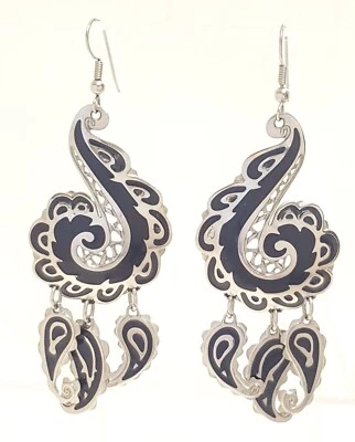 Pendientes colgantes vintage Edgar Berebi plata negra cachemira ganchos esmaltados 3,75" L Foto 1 de 4