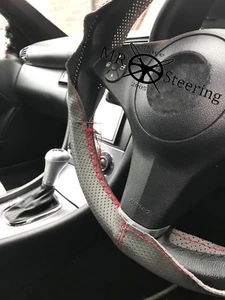FOR PEUGEOT 207 06-12 GREY PERFORATED LEATHER STEERING WHEEL COVER RED DOUBLE ST - Picture 1 of 5