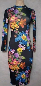 Asos Petite Midi Dress Womens 8 Black Floral Long Sleeve Knee Length Bodycon - Picture 1 of 11