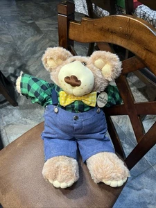 Furskins Dudley Bear 1984 VTG Xavier Roberts Blue Overalls Flannel Bow SIGNED - Picture 1 of 7