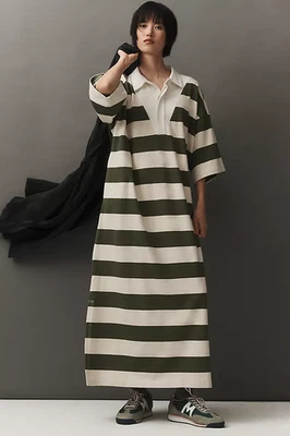 NWT ANTHROPOLOGIE DAILY PRACTICE STRIPED KNIT RUGBY OVERSIZE MAXI DRESS GREEN M - Image 1 of 4
