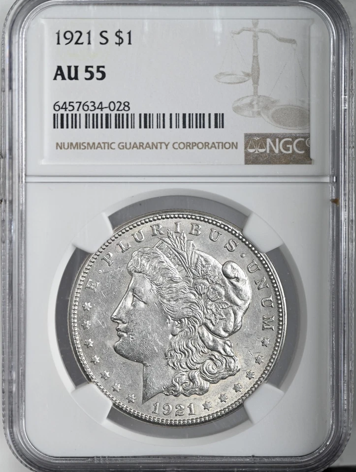1921-S  $1  MORGAN SILVER DOLLAR  NGC AU55 #6457634-028 SCRUFFY PLASTIC HOLDER - Image 1 of 4