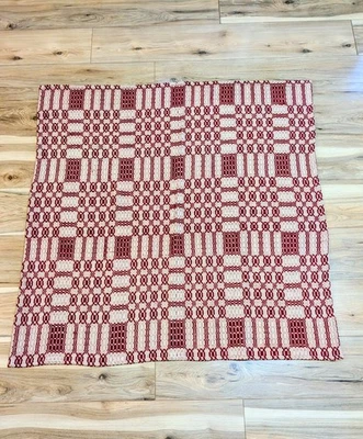 New Primitive Farmhouse Folk Art Brick Red Woven Square Table Coverlet Topper 56 - Image 1 of 4