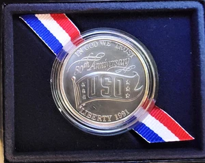 1991-D USO 50th Anniv United Sev USA Dollar Box & COA - 90% Silber 0,77 Unzen Münze - Bild 1 von 7