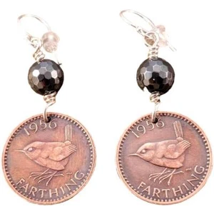 Original 1956 British Farthing Bird Coin Sterling Wire Earrings - Bild 1 von 5