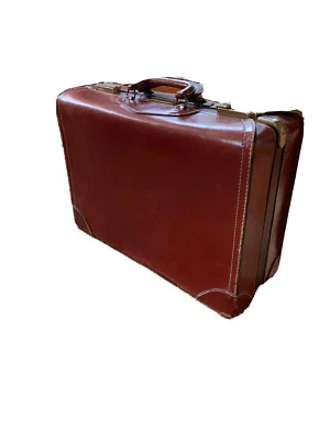 Maleta Equipaje Vintage Años 60 Marrón Cuero Inglés Rojo Marrón Piel de Vaca Decoración Foto 1 de 4