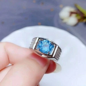 Natural Blue Topaz Gemstone with 14K White Gold Plated Silver Ring for Men AJ556 - Picture 1 of 13