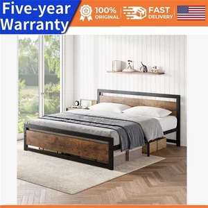 ✅King Size Bed Frame W/Headboard Industrial King Platform Bedframe No Box Spring - Picture 1 of 8