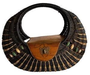 Wicker Woven Basket Telephone Purse Hard Shell Wood Beads Burned Butterfly 1970s - Picture 1 of 17
