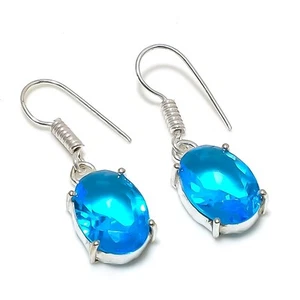 Swiss Blue Topaz Gemstone Earrings Handmade Solitaire Oval Shape Jewelry 1.40" - Picture 1 of 9
