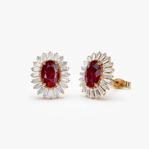 14k Solid Gold Ruby and Baguette Diamonds Studs Earrings For Wedding Gift - Picture 1 of 5