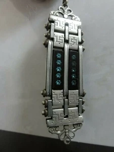 AESTHETIC PERIOD CHATELAINE BLUE PASTE STARS PIQUE IN ONYX ETCHED SILVER TONE - Picture 1 of 5