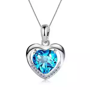 HALSKETTE 925 STERLING SILBER PLATTIERT HERZ KETTE BLAU ZIRKONIA DAMEN SCHMUCK - Bild 1 von 7