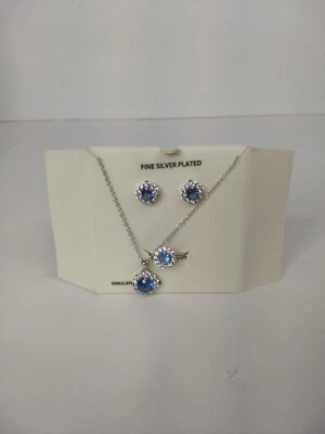 Tanzanite Blue Stone Silver Plated Jewelry 3 Piece Set Ring Earrings Necklace - Image 1 of 4