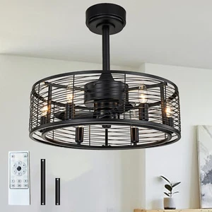Farmhouse Ceiling Fan 20 inch Black Caged Ceiling Fans with Light,Remote Control - Picture 1 of 8