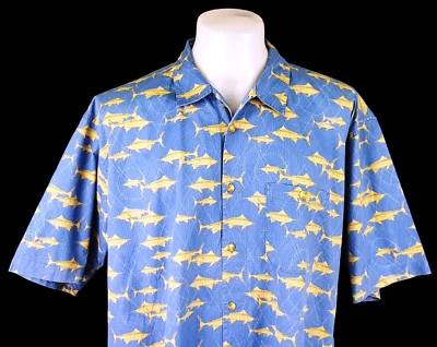 CABELA'S 61 Mens Blue LUXURY S/S EVENING SHIRT Fish Print - XL (2XL) - 54" - £99 - Image 1 of 4