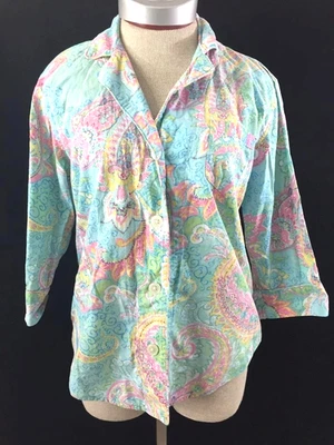 LRL Ralph Lauren pj TOP ONLY talla M azul rosa paisley camisa floral abotonada Foto 1 de 4