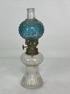 Miniature Hobnail L.E. Smith Glass Co. Blown Pressed Blue Glass Oil Lamp - Picture 1 of 7
