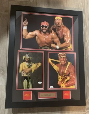 WWE WWF Enmarcado Firmado Mega Poderes Macho Man Randy Savage Hulk Hogan Autografiado Foto 1 de 3
