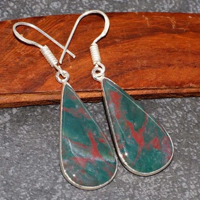 令人惊叹的血石 925 镀银耳环 1.7 英寸手工礼品 GW — 第 1/3 张图片