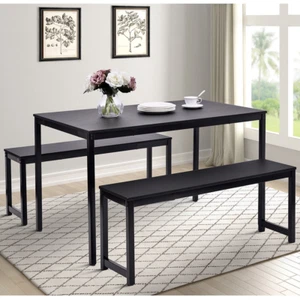Modern 3pc Dining Room Table Set Breakfast Nook Two Benches Kitchen Metal Frame - Picture 1 of 12