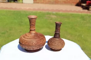 More details for 2x vintage 1970&#039;s hand carved wooden flowers vase./mixed big and small size.