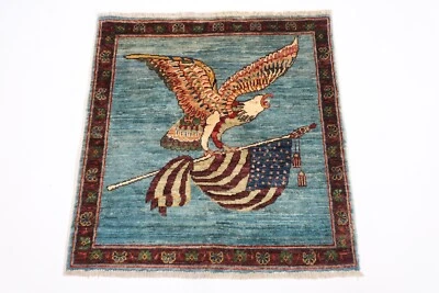 3x3 FT Birds Blue Gabbeh Wall Decor Afghan Hand Knotted Tribal oriental bedroom - Image 1 of 4