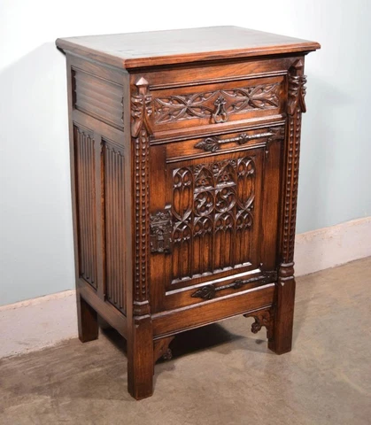 *Vintage French Gothic Revival Cabinet/Console in Highly Carved Oak Wood Cover