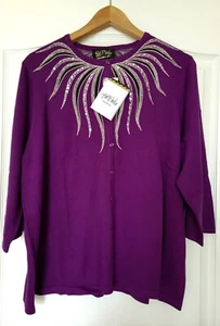 Bob Mackie Wearable Art Cardigan Sz 1X 3/4 Sleeve Buttons Sweater Purple Sequins - Picture 1 of 9