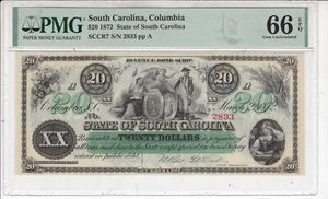 1872 $20 State of South Carolina Columbia - GEM UNCIRCULATED PMG 66 - Picture 1 of 2