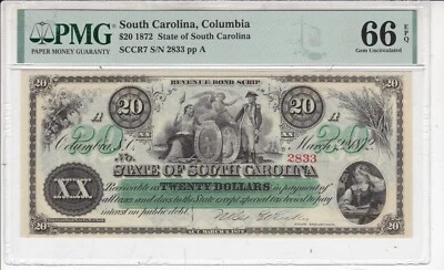 1872 $20 State of South Carolina Columbia - GEM UNCIRCULATED PMG 66 - Image 1 of 2