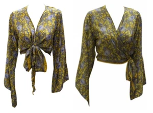 Recycled Crop Top Bell Sleeves Front Knot Wrap Blouse Free Size Up to 16 P105 - Picture 1 of 3