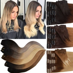 Balayage 100% Human Hair Seamless Clip in Remy Hair Extensions Full Head Ombre X - Picture 1 of 74