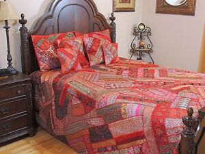 Red Indian Embroidered Duvet Cover Set 7P Sari Bedding Luxury Collection ~ King