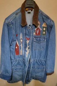 Baccini Embroidered Denim Jacket - Americana Birdhouse Theme~Sz L - Picture 1 of 3