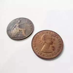 2 One Penny victoria dei gratia coin 1901 Elizabeth 1964 Antique Vintage Money - Picture 1 of 6