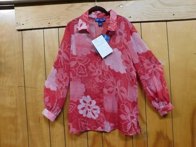 New With Tags SUSAN GRAVER Red Floral Poly Sheer Blouse Medium - Image 1 of 4