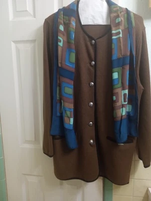 GEIGER Talla 46 Marrón Chaqueta/Abrigo Recortado en Negro con Bufanda de Seda 6 Botones Plateados! Foto 1 de 4